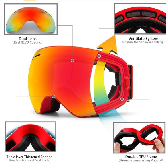 Ski Snowboard Goggles DETACHABLE LENS SYSTEM